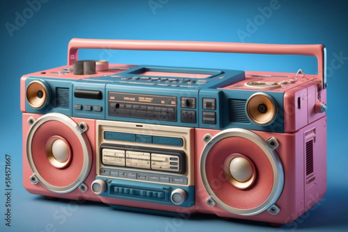 Pink retro boombox ghetto blaster , radio and audio tape recorder on blue background