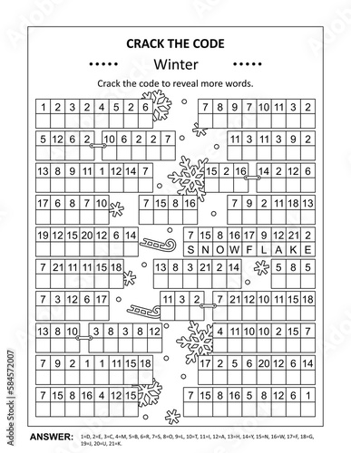 Crack the code word game, or codebreaker word puzzle, with various winter related words and phrases. Answer included.
