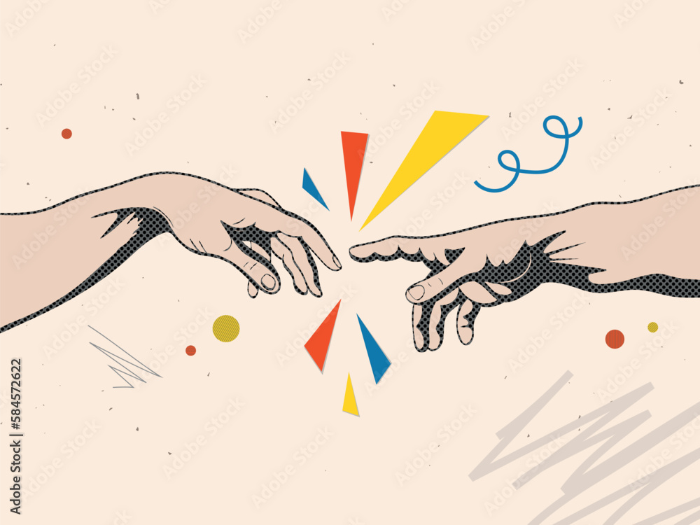 Adam and God hands in a modern collage style. Vector illustration - obrazy, fototapety, plakaty 