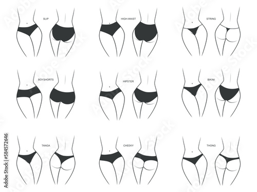 Collection of silhouettes of a female figure in a different panties - front and back view. Vector illustration isolated on white background