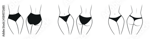 Collection of silhouettes of a female figure in a different panties - front and back view. Vector illustration isolated on white background