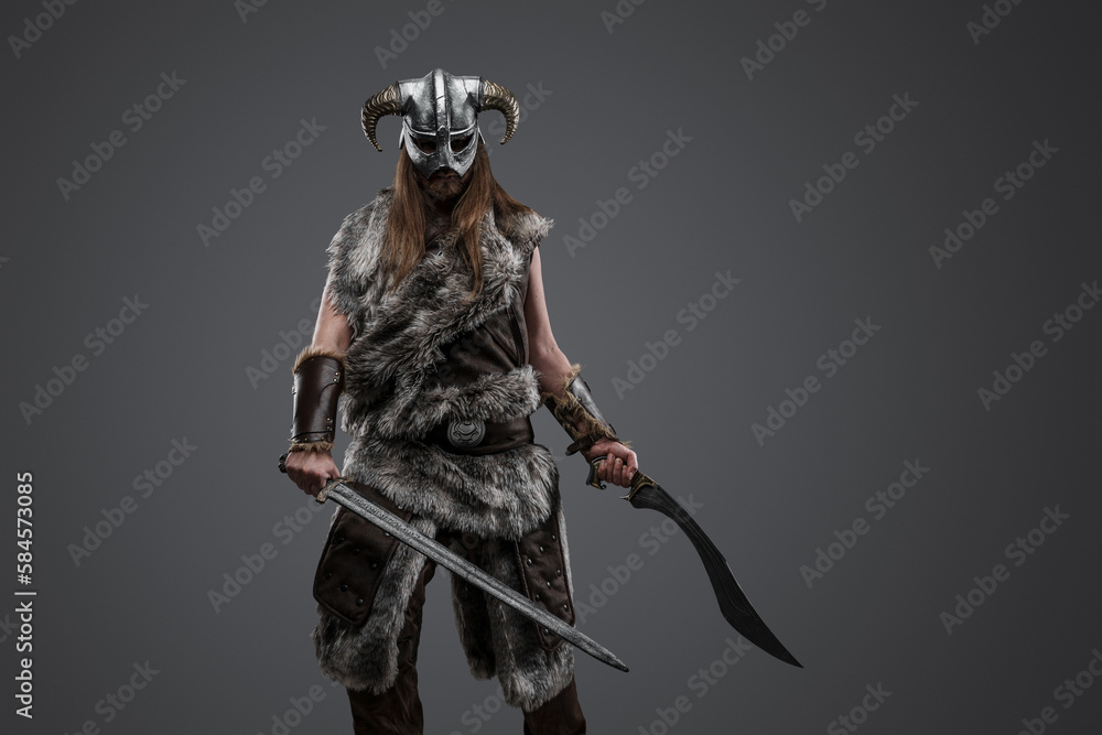 Portrait of ancient scandinavian warrior with dual swords staring at camera. Portrait of ancient scandinavian warrior with dual swords staring at camera.