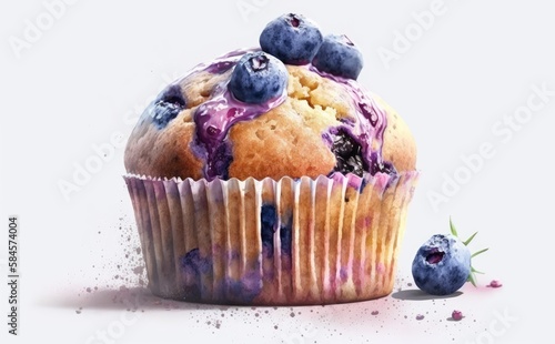 A drawn blueberry muffin cupcake on white background watercolor pastry illustrations Generative AI
