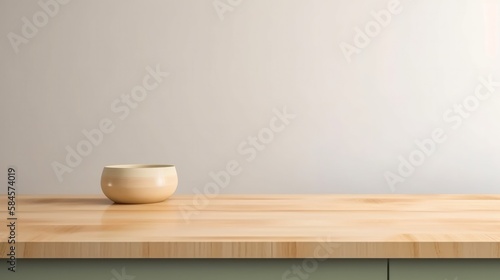 Minimal cozy counter mockup design for product presentation background. Branding in Japan style with bright wood top green counter and warm white wall. Generative AI.