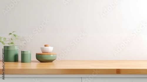 Minimal cozy counter mockup design for product presentation background. Branding in Japan style with bright wood top green counter and warm white wall. Generative AI.