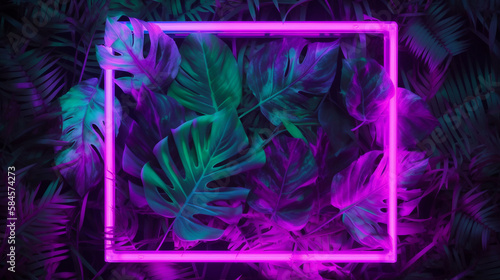 Creative fluorescent color layout made of tropical leaves with neon light square