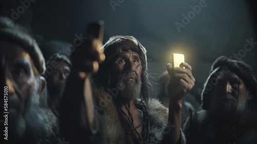 Urzeitliche Steinzeit Neandertaler machen ein Selfie mit Handy, ai generativ photo