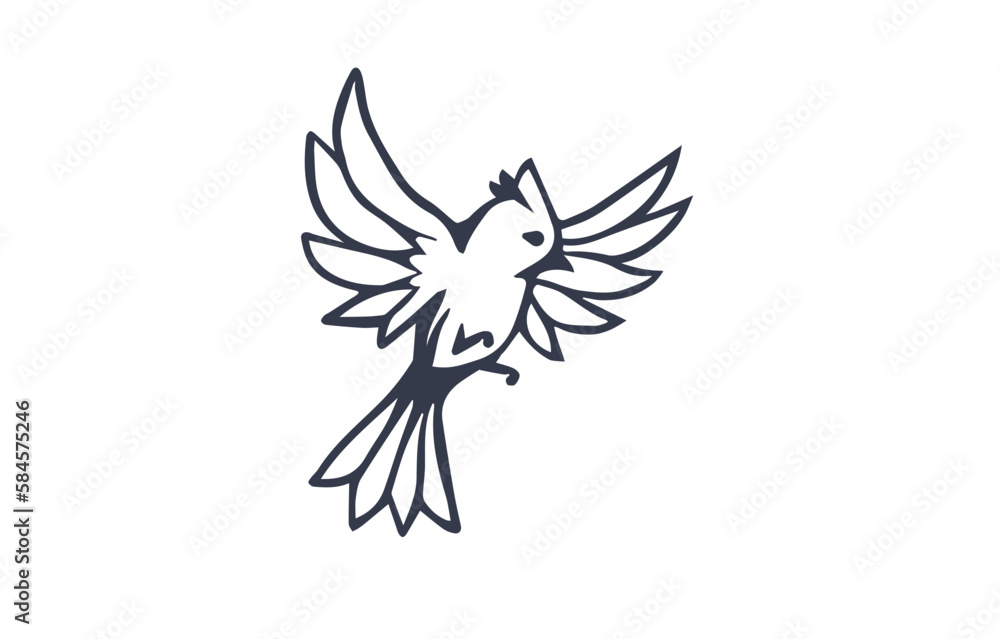 Obraz premium Vector illustration of beautiful flying bird with wing on white color background. Black and white flat style design of bird with feather