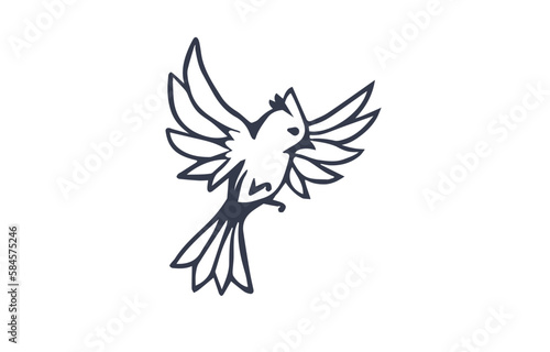 Vector illustration of beautiful flying bird with wing on white color background. Black and white flat style design of bird with feather