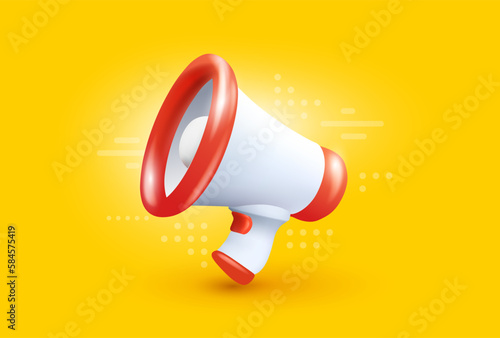 Vector business illustration of megaphone on yellow color background with shadow. 3d style design of white and red megaphone