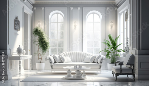 Stylish white modern living room interior with sofa, home decor. Generative AI © sopiangraphics