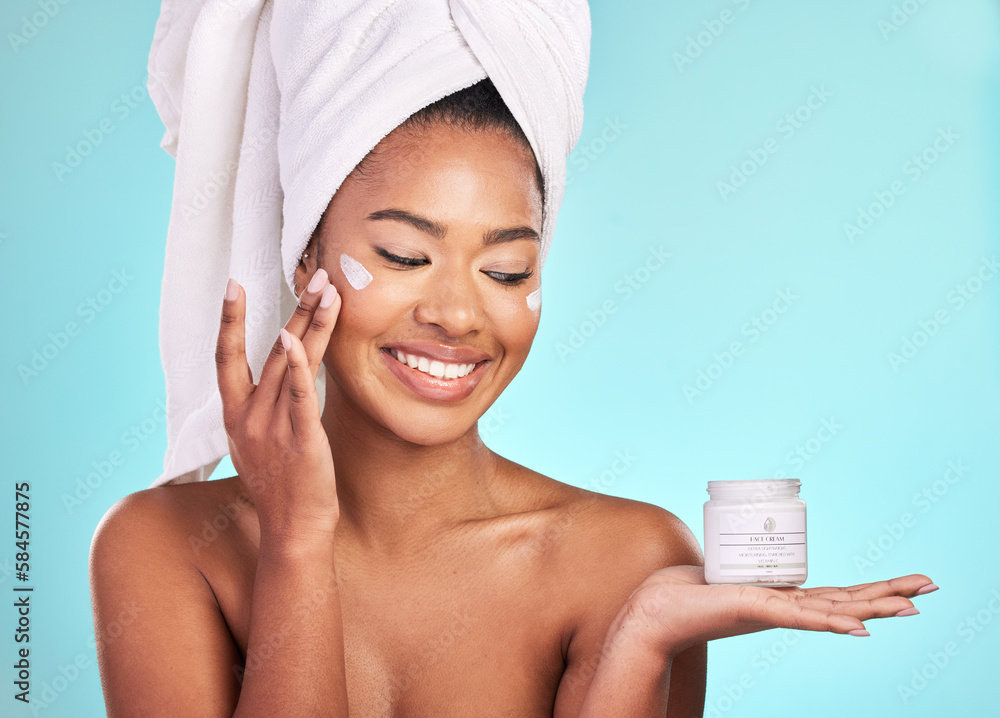 Skincare, lotion and black woman with jar, cream for anti aging and