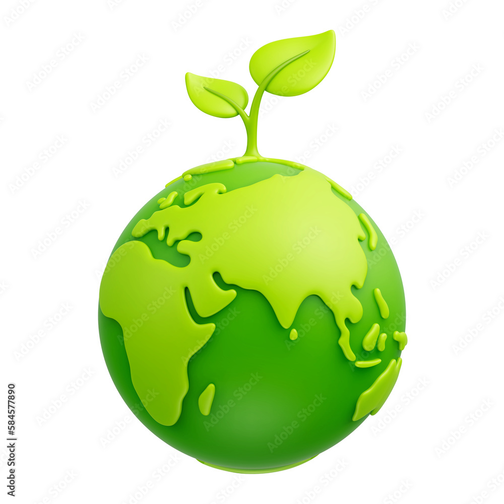 Green cartoon Earth with sprout and leaves 3d icon on