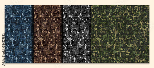 Set os seamless camouflage patterns with small abstract shapes. Dense composition. Good for apparel, fabric, textile, sport goods. Grunge texture.