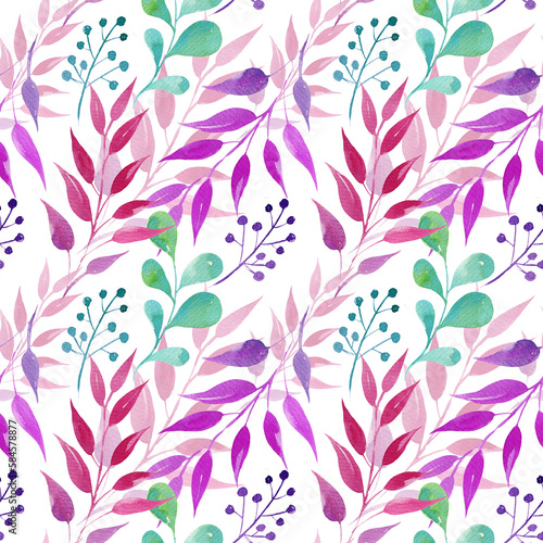 seamless pattern with watercolor leaves, illusration, sketch, green color, magenta color, purple color herbal ornament, trendy design for card, box, blank