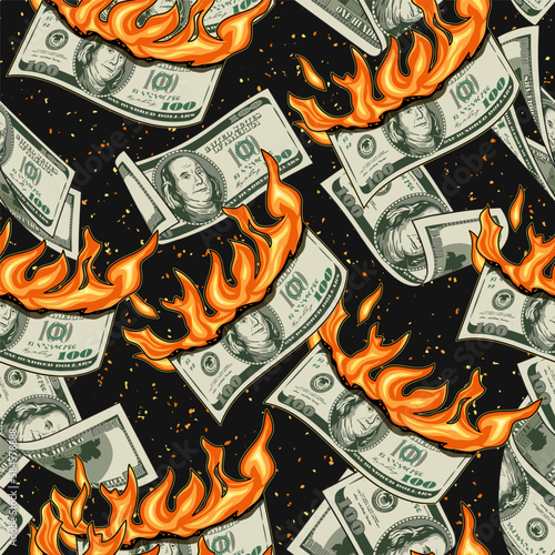 Money seamless pattern with burning 100 dollar bills on dark background. Concept of depreciation of money, inflation. Falling, flying dollar banknotes. Detailed vector illustration in vintage style