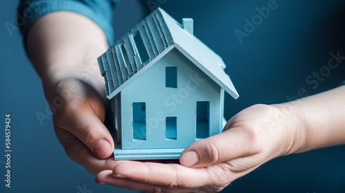 Blaues Miniaturhaus in Händen symbolisch für Eigenheim, ai generativ