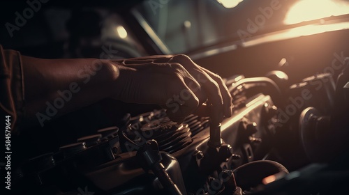 Close-up of a hand auto-mechanic using the wrench to repair a car engine problem with cinematic lighting - AI generation.