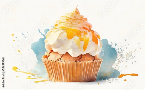 A drawn muffin with a whipped cream cupcake on white background watercolor pastry illustrations Generative AI