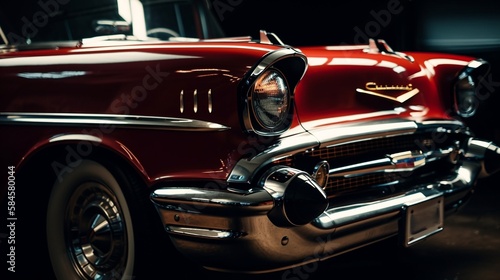 Roter Cadillac Oldtimer Fahrzeug im edlen Design Nahaufnahme, ai generativ