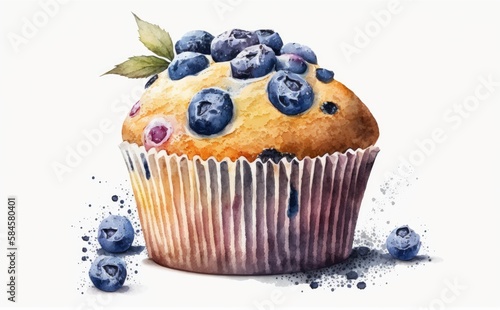 Fényképezés A drawn blueberry muffin cupcake on white background watercolor pastry illustrat