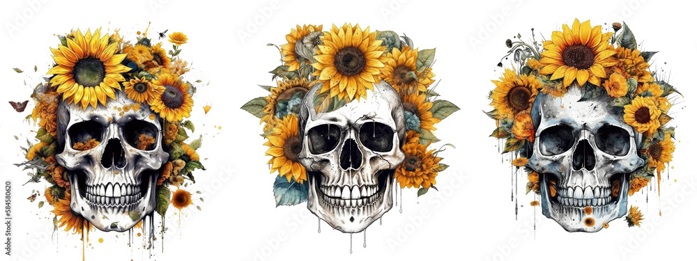 Vintage Sunflowers Skulls, Generative AI
