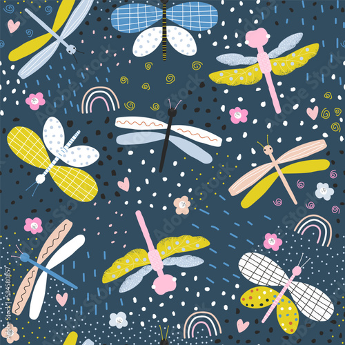 Seamless pattern with dragonflies, flowers, doodle elements. Childish summer print. Vector hand drawn illustration.