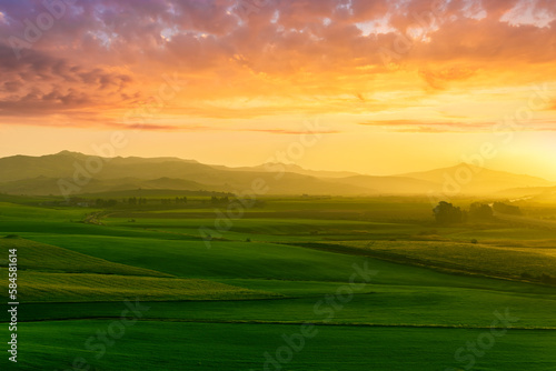 countryside sunset in green hills of spring fields with old castle farm and mountains on background of evening landscape © Yaroslav