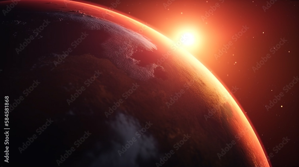 Rote Erde Planet mit Sonnenaufgang aus Sicht im All, ai generativ