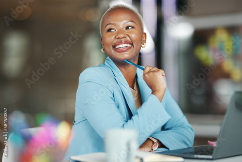 Business, office idea and happy black woman, creative agent or person thinking of brand advertising plan. Agency project, professional or girl working on company development for social media strategy photo