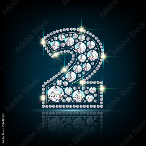 Numeral 2 (two), a figure made of precious stones of diamonds. Jewelry with bright highlights. Realistic illustration. On a dark background. Vector.
