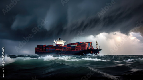 Cargo container ship floating from a cargo yard port in storm. Generative AI