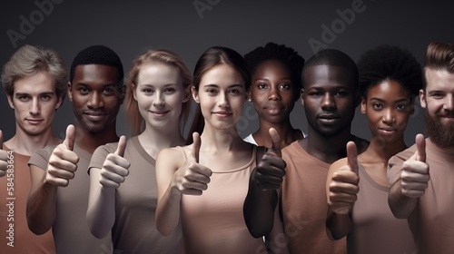 Unterschiedliche Nationalitäten Geschäftsfrauen im Team halten Daumen positiv hoch, ai generativ photo