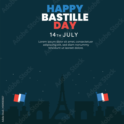 Vector illustration poster for the French National Day.Happy Bastille Day.  social media template design