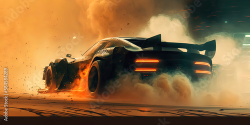 Cyberpunk style racing car with drifting rear tire smoke. Generative AI © Lemart