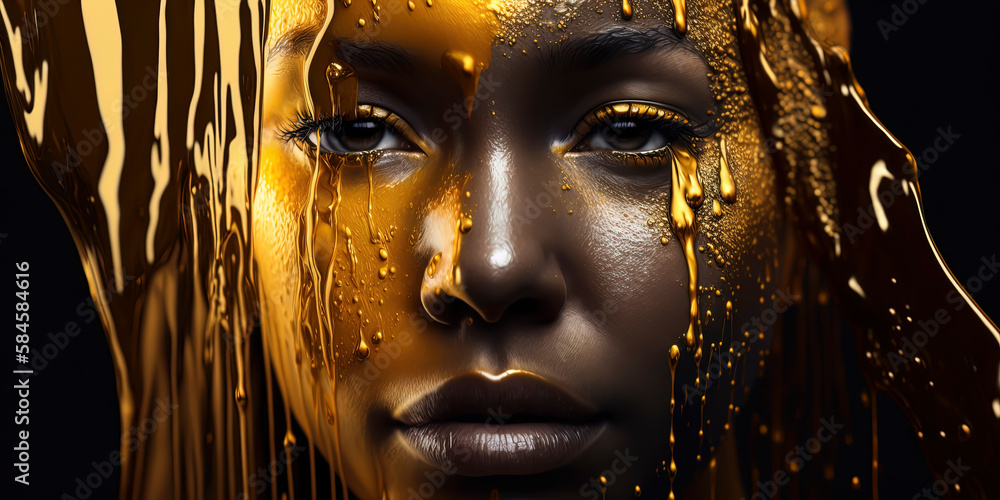 Close-up of woman with dripping gold on her skin. Close-up of woman with dripping gold on her skin. Generative AI Close-up of woman with dripping gold on her skin. Close-up of woman with dripping gold on her skin. Generative AI