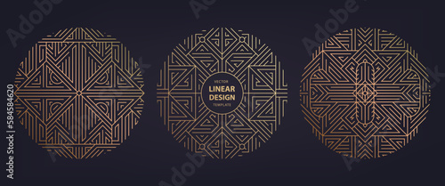 Vector set of art deco frames, adges, abstract geometric design templates for luxury products. Linear ornament compositions, vintage. Use for packaging, branding, decoration, etc. Golden circles