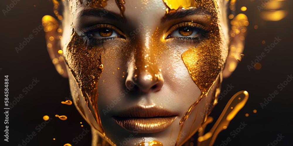 Close-up portrait of woman with painted face and golden liquid. Generative AI