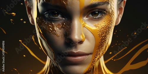 Honeycomb pattern and golden fluid on woman in close-up. Generative AI