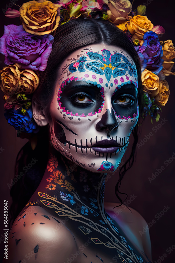 Day of the Dead makeup on attractive Caucasian woman. Generative AI