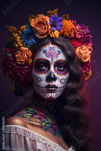 Colorful background with Day of the Dead woman. Generative AI