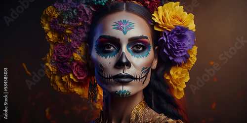 Vivid-color background with beautiful Day of the Dead woman. Generative AI
