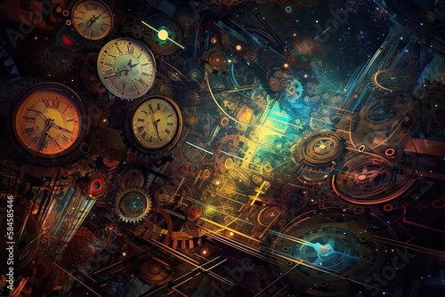 Various clocks and clock mechanisms in space. Futuristic abstract background. Vibrant colors. Generative AI illustration. Time and universe concept