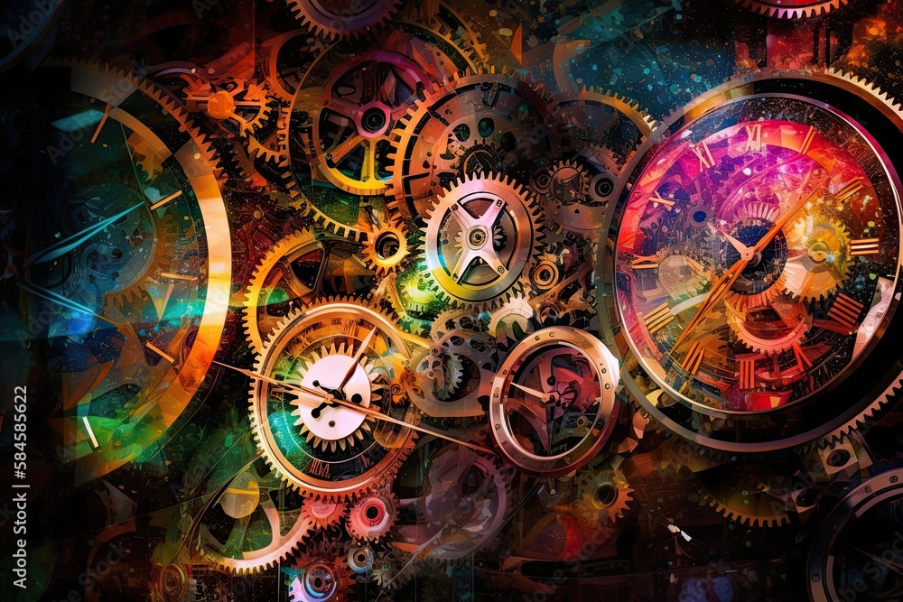 Clock and clock gears in space. Futuristic abstract background. Vibrant colors. Generative AI illustration. Time and universe concept