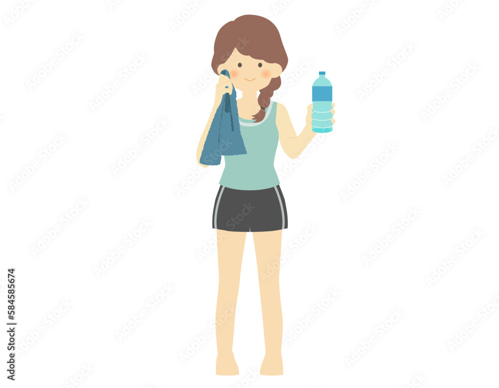 フィトネスウェア 女性 立つ ペットボトル _ ベクター 素材 単品 運動 健康 人物 かわいい 茶髪