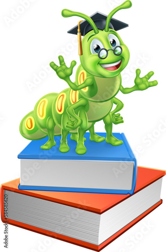 A bookworm caterpillar worm cartoon character education mascot standing on a pile of books wearing graduation hat and glasses © Christos Georghiou