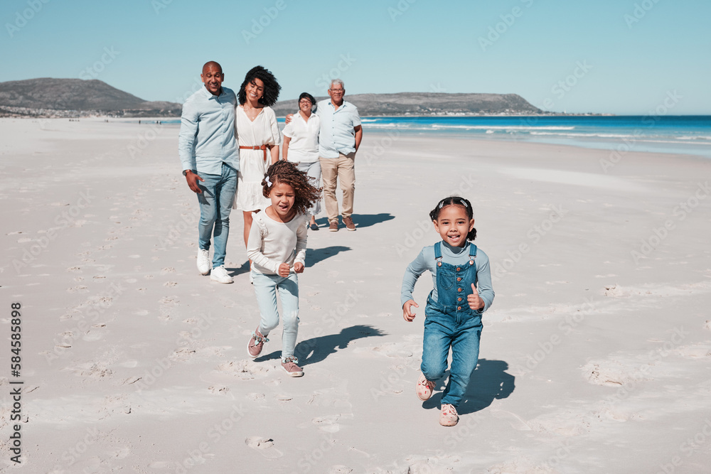 Naklejka premium Beach, family and portrait of kids running in sand, playful and having fun while bonding outdoors. Face, children and parents with grandparents on summer vacation at sea on ocean trip in Cape town