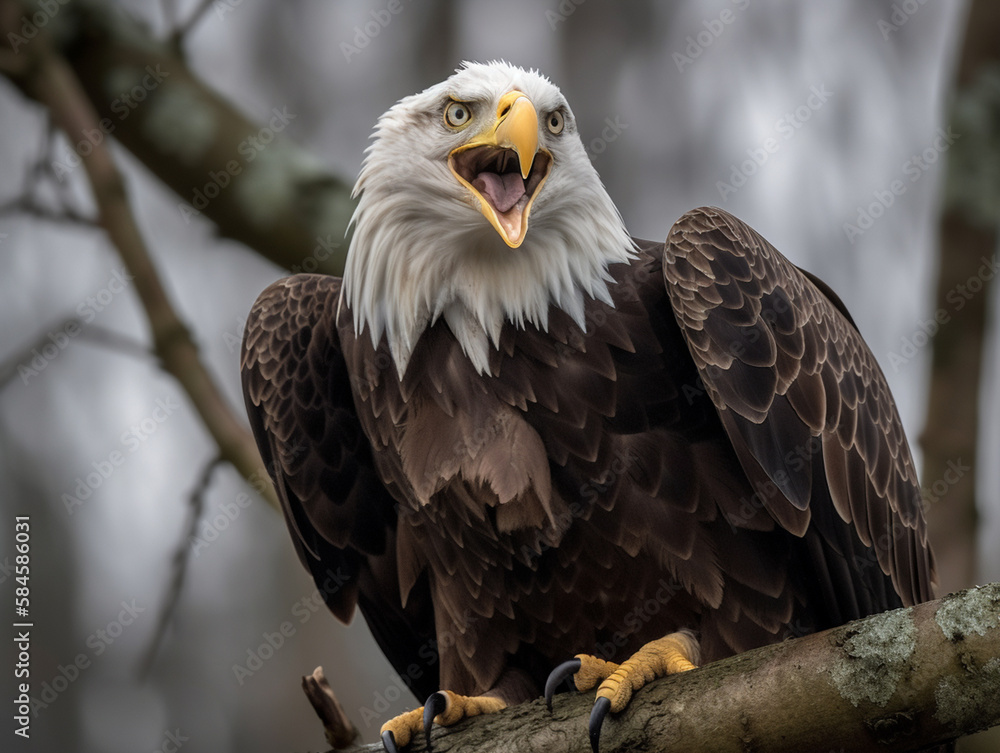 A majestic bald eagle perched on a tree branch, ai generative A majestic bald eagle perched on a tree branch, ai generative