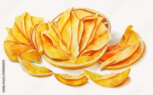 Drawn dry mango slices on white background watercolor tropical exotic fruit organic food illustrations Generative AI