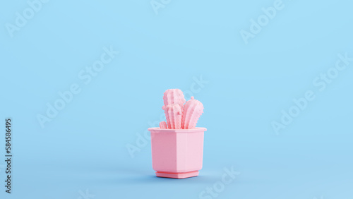 Small Pink Cactus Cacti Kitsch Office Desk Plant Pot Spiky Blue Background 3d illustration render digital rendering